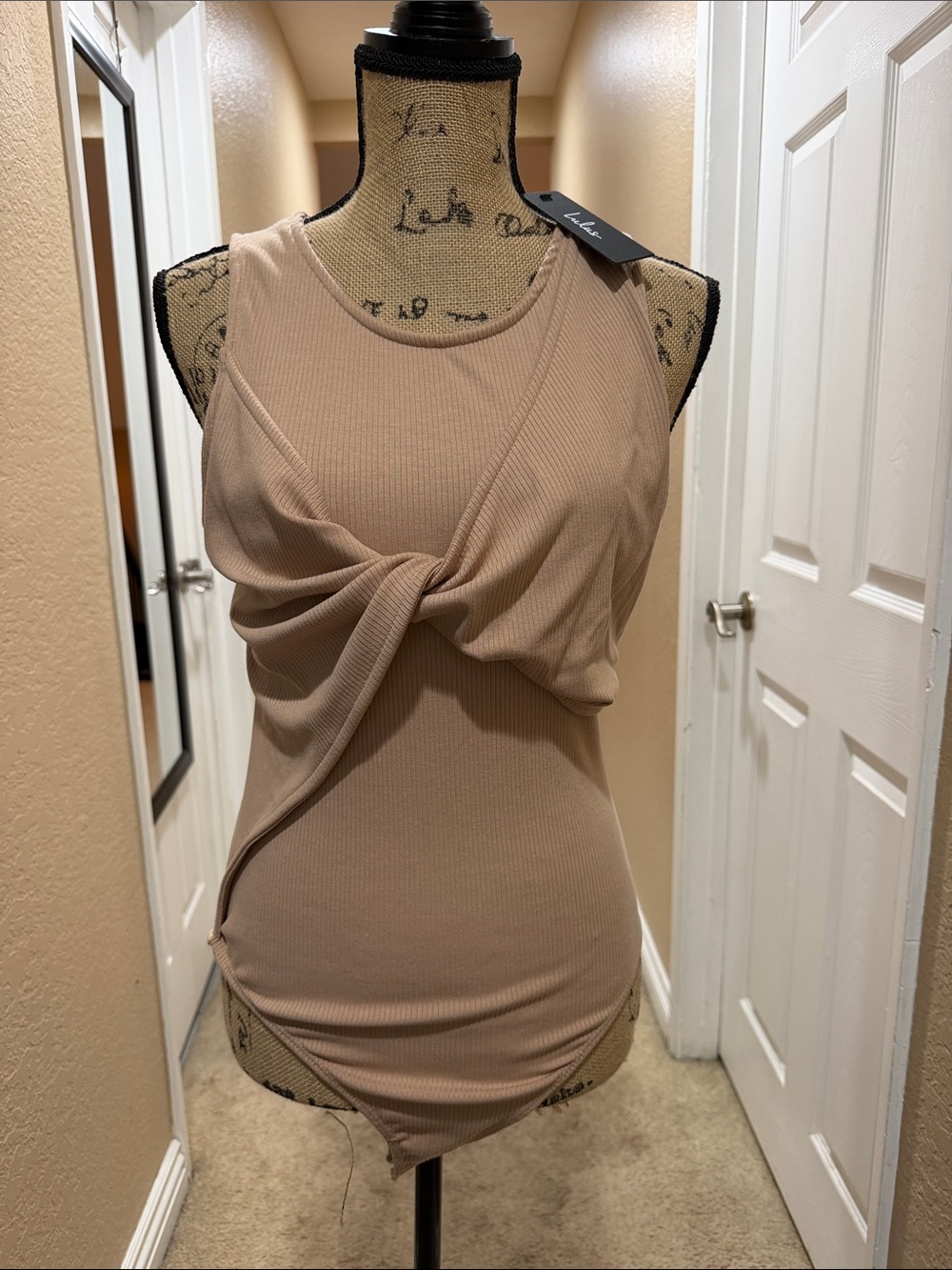 Lulu's Neutral Twist-Front Ribbed Bodysuit in Taupe